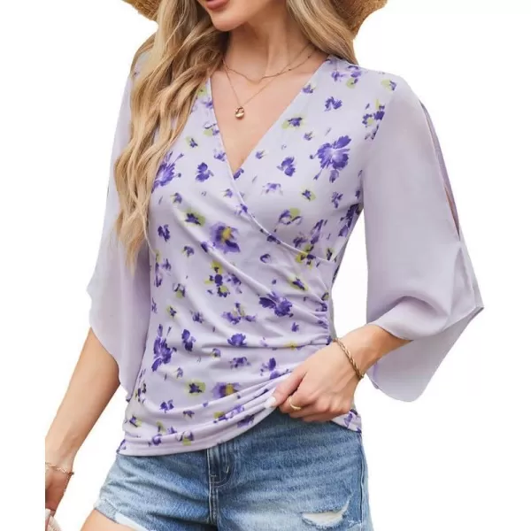 GRACE KARIN Women 34 Chiffon Sleeve Dressy Blouse Wrap Elastic Shirt Business Casual Party Flattering Tops 2023 FashionFloral 3