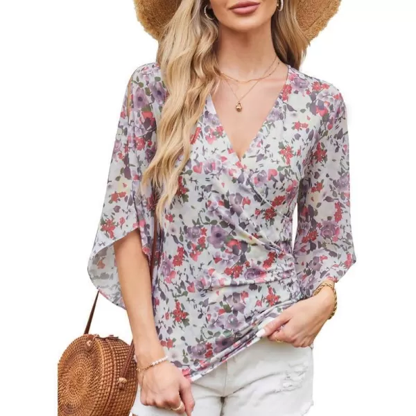 GRACE KARIN Women 34 Chiffon Sleeve Dressy Blouse Wrap Elastic Shirt Business Casual Party Flattering Tops 2023 FashionFloral 4