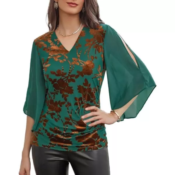 GRACE KARIN Women 34 Chiffon Sleeve Dressy Blouse Wrap Elastic Shirt Business Casual Party Flattering Tops 2023 FashionGreen Brown