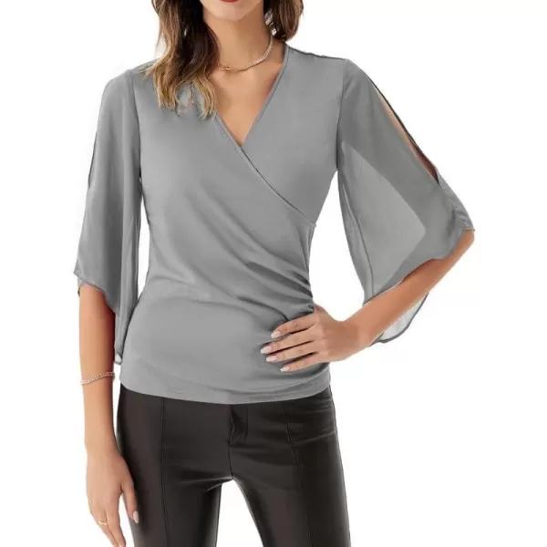 GRACE KARIN Women 34 Chiffon Sleeve Dressy Blouse Wrap Elastic Shirt Business Casual Party Flattering Tops 2023 FashionLight Grey