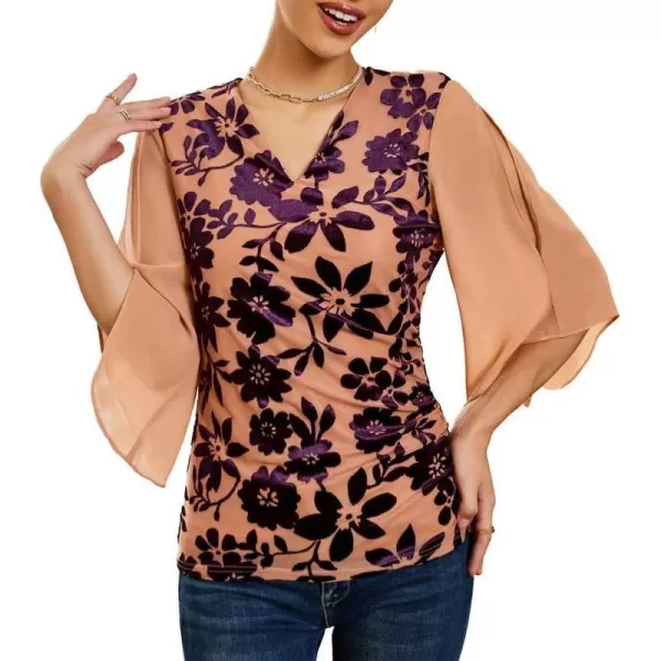 GRACE KARIN Women 34 Chiffon Sleeve Dressy Blouse Wrap Elastic Shirt Business Casual Party Flattering Tops 2023 FashionPink Purple