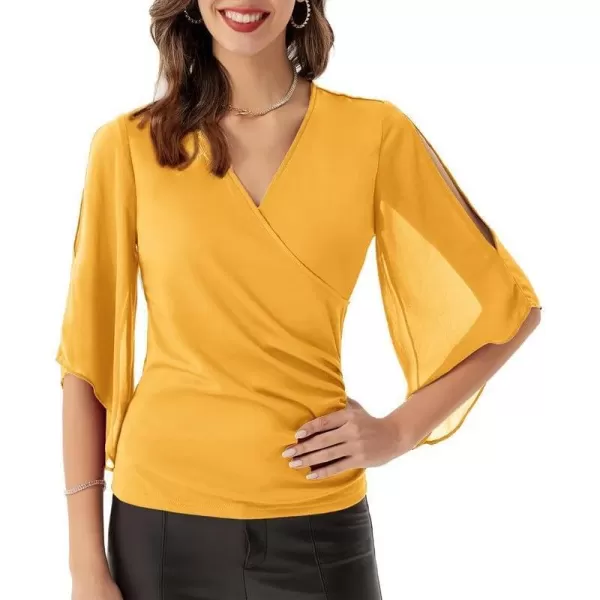 GRACE KARIN Women 34 Chiffon Sleeve Dressy Blouse Wrap Elastic Shirt Business Casual Party Flattering Tops 2023 FashionYellow