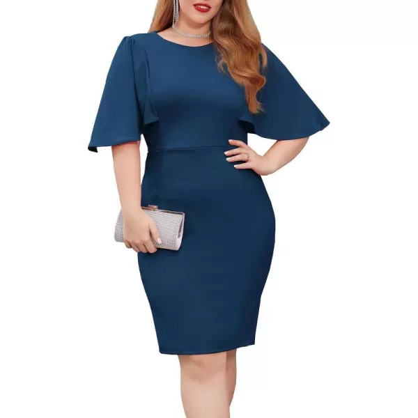 GRACE KARIN Women 34 Ruffle Sleeve Slim Fit Business Pencil DressPeacock Blue