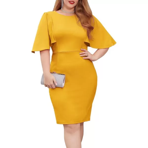 GRACE KARIN Women 34 Ruffle Sleeve Slim Fit Business Pencil DressYellow