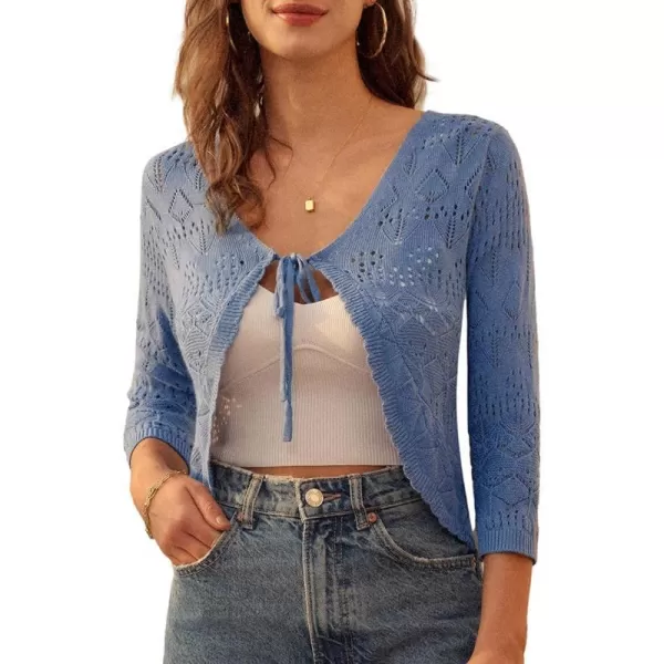 GRACE KARIN Women 34 Sleeve Cropped Shrug Cardigan Tie Front V Neck Crochet Bolero Shrug for Dresses Knit Top 2024 SummerBlue