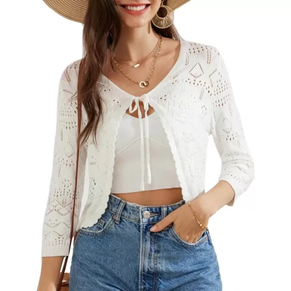 GRACE KARIN Women 34 Sleeve Cropped Shrug Cardigan Tie Front V Neck Crochet Bolero Shrug for Dresses Knit Top 2024 SummerWhite