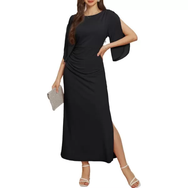 GRACE KARIN Women 34 Sleeve Formal Dress Side Slit Ruched Bodycon Cocktail Party Maxi Long DressesBlack