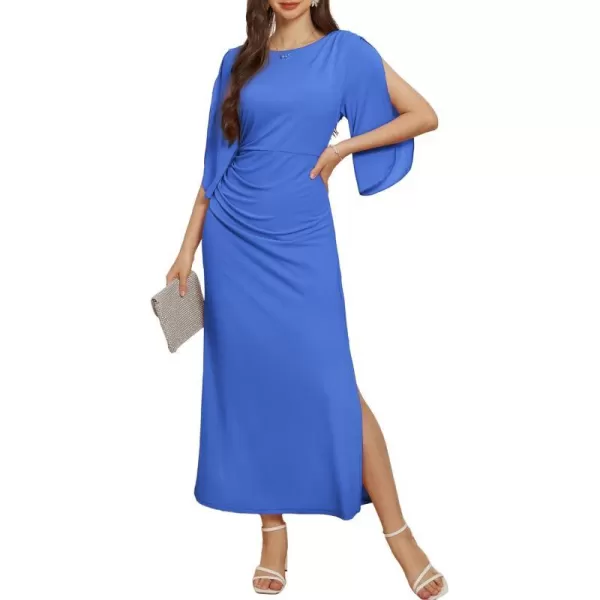 GRACE KARIN Women 34 Sleeve Formal Dress Side Slit Ruched Bodycon Cocktail Party Maxi Long DressesGrey Blue