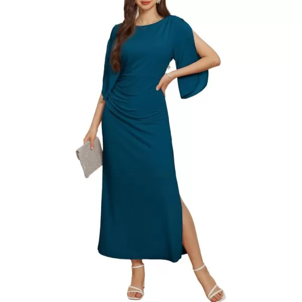 GRACE KARIN Women 34 Sleeve Formal Dress Side Slit Ruched Bodycon Cocktail Party Maxi Long DressesPeacock Blue