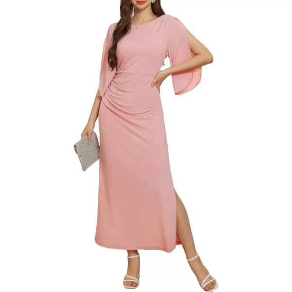 GRACE KARIN Women 34 Sleeve Formal Dress Side Slit Ruched Bodycon Cocktail Party Maxi Long DressesPink