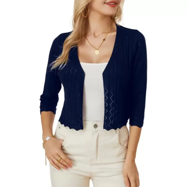 GRACE KARIN Women 34 Sleeve HollowedOut Cropped Cardigan Sweater Open Front Lightweight ShrugsNavy Blue