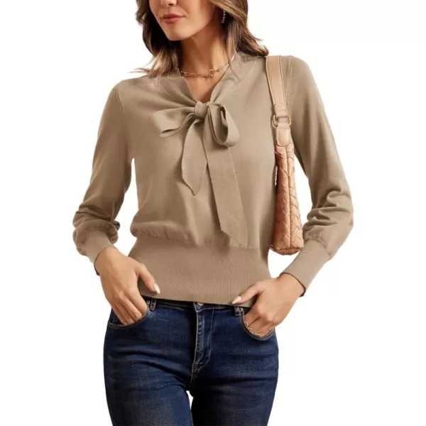 GRACE KARIN Women Bow Knot V Neck Long Sleeve Classic Fit Pullover Sweater Tops Casual Work CocktailDark Apricot