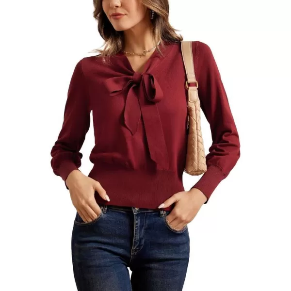 GRACE KARIN Women Bow Knot V Neck Long Sleeve Classic Fit Pullover Sweater Tops Casual Work CocktailDark Red