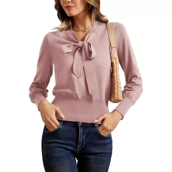 GRACE KARIN Women Bow Knot V Neck Long Sleeve Classic Fit Pullover Sweater Tops Casual Work CocktailPink