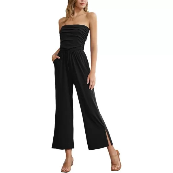 GRACE KARIN Women Casual Square Neck Long Sleeve Wide Leg Jumpsuits with PocketsBlack