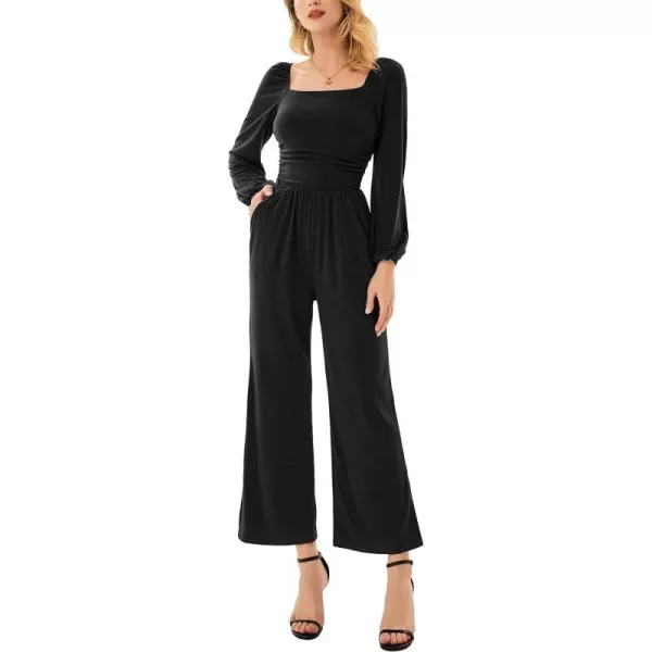 GRACE KARIN Women Casual Square Neck Long Sleeve Wide Leg Jumpsuits with PocketsBlack Long