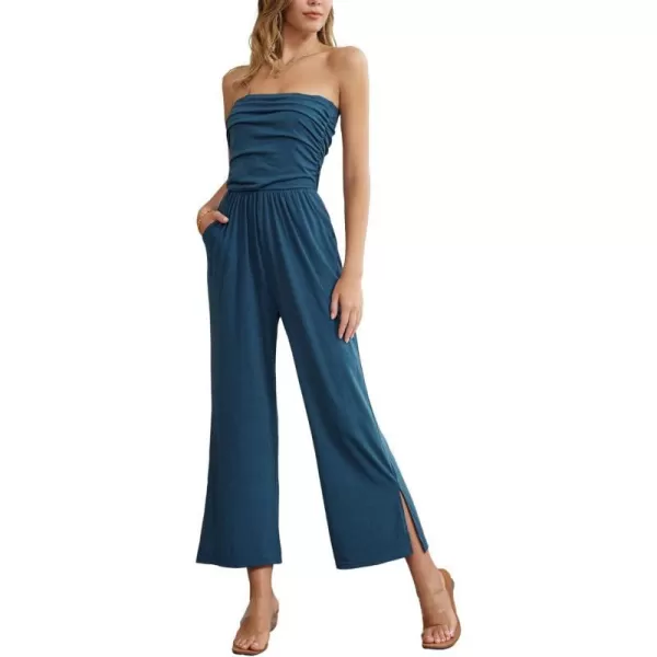 GRACE KARIN Women Casual Square Neck Long Sleeve Wide Leg Jumpsuits with PocketsBlue