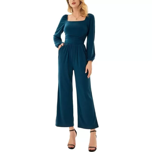 GRACE KARIN Women Casual Square Neck Long Sleeve Wide Leg Jumpsuits with PocketsBlue Long