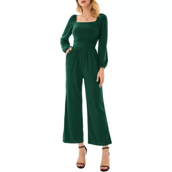 GRACE KARIN Women Casual Square Neck Long Sleeve Wide Leg Jumpsuits with PocketsGreen