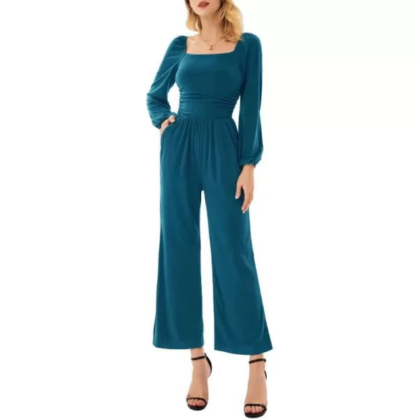 GRACE KARIN Women Casual Square Neck Long Sleeve Wide Leg Jumpsuits with PocketsTeal