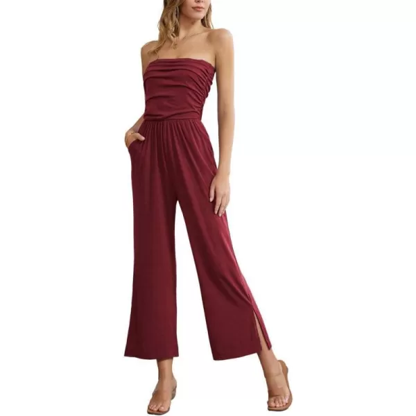 GRACE KARIN Women Casual Square Neck Long Sleeve Wide Leg Jumpsuits with PocketsWine Red