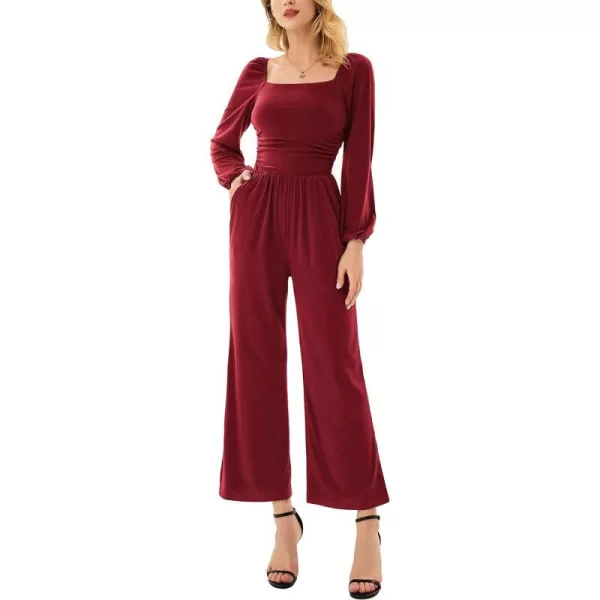 GRACE KARIN Women Casual Square Neck Long Sleeve Wide Leg Jumpsuits with PocketsWine Red Long