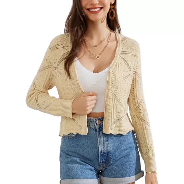 GRACE KARIN Women Crochet Cropped Cardigan Casual Elegant Lightweight Button Sweater Long Sleeve HollowedOut Shrug TopsBeige