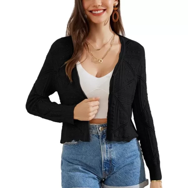 GRACE KARIN Women Crochet Cropped Cardigan Casual Elegant Lightweight Button Sweater Long Sleeve HollowedOut Shrug TopsBlack