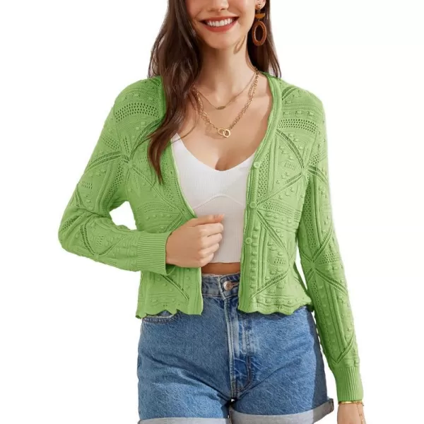 GRACE KARIN Women Crochet Cropped Cardigan Casual Elegant Lightweight Button Sweater Long Sleeve HollowedOut Shrug TopsGreen