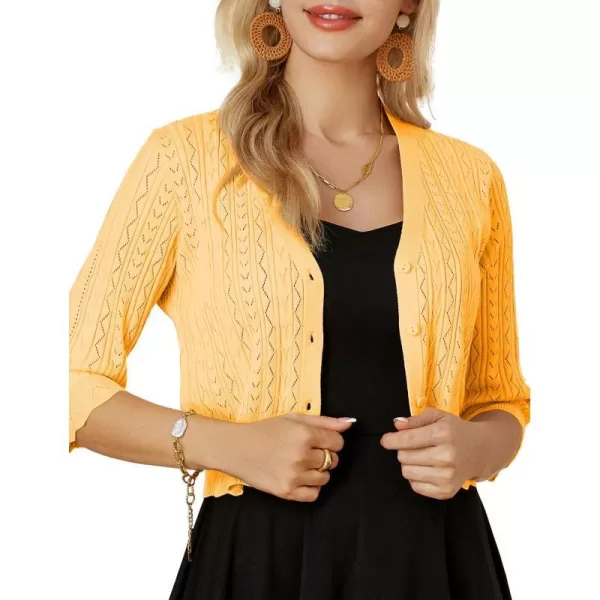 GRACE KARIN Women Cropped Cardigan Shrugs for Dresses Sweater Hollow Out Knit 12 Sleeve Lightweight Button DownYellow