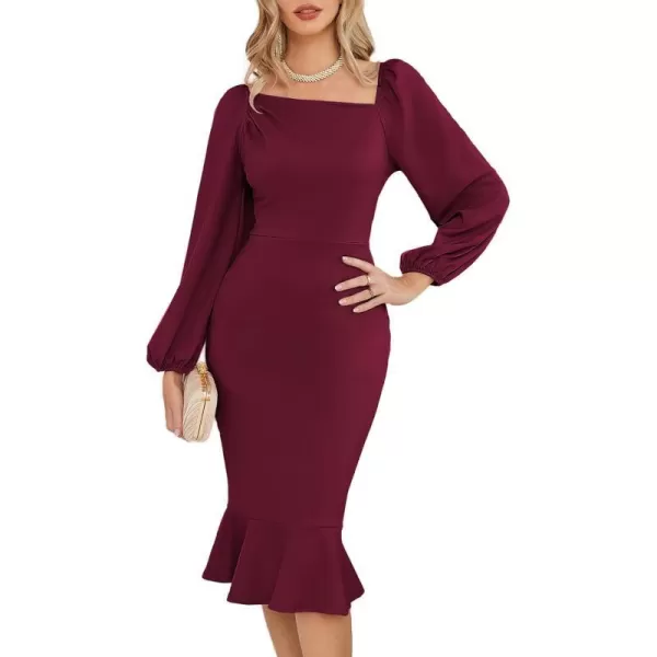 GRACE KARIN Women Elegant Bodycon Dress Mermaid Long Sleeve Cocktail Wedding Guest Formal Party DressesWine Red