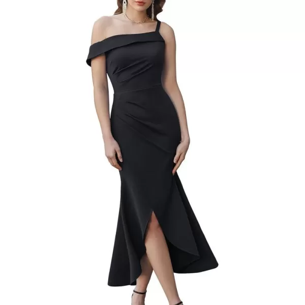 GRACE KARIN Women Elegant One Shoulder Cocktail Dress Ruched Wedding Guest Bodycon Split Fishtail Evening Party DressesBlack