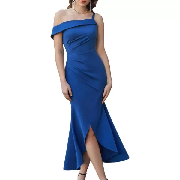 GRACE KARIN Women Elegant One Shoulder Cocktail Dress Ruched Wedding Guest Bodycon Split Fishtail Evening Party DressesRoyal Blue