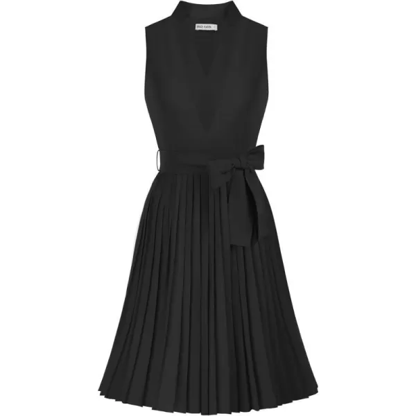 GRACE KARIN Women Elegant Pleated Swing Dress Solid Sleeveless VNeck Work DressBlack