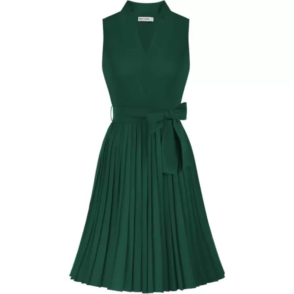 GRACE KARIN Women Elegant Pleated Swing Dress Solid Sleeveless VNeck Work DressGreen