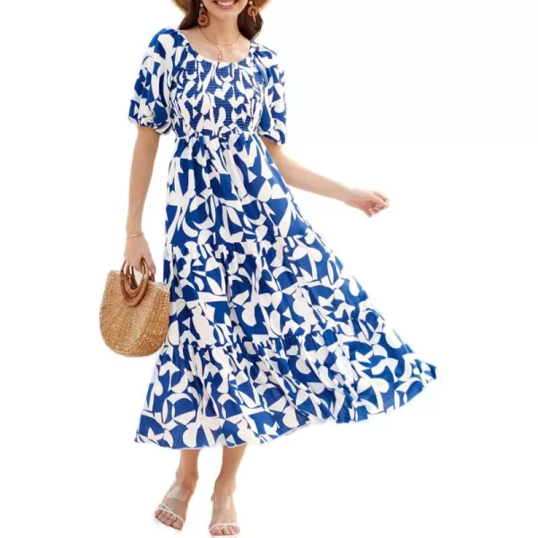 GRACE KARIN Women Floral Aline Dress 2024 Casual Crew Neck Puff Sleeve Smocked Maxi DressBlue Flower