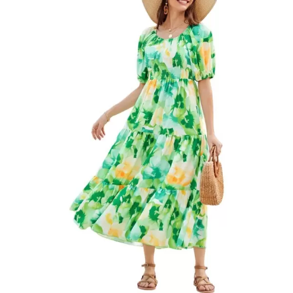 GRACE KARIN Women Floral Aline Dress 2024 Casual Crew Neck Puff Sleeve Smocked Maxi DressGreen Flower