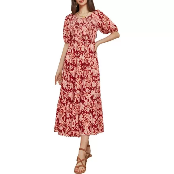 GRACE KARIN Women Floral Aline Dress 2024 Casual Crew Neck Puff Sleeve Smocked Maxi DressOrange Flower