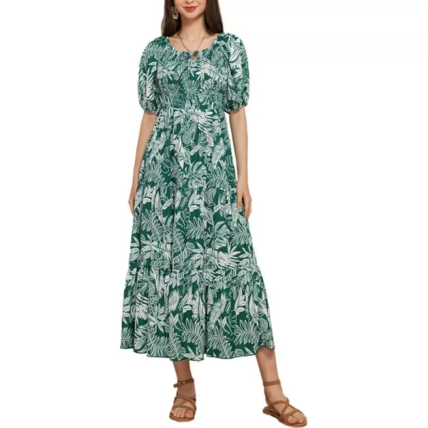 GRACE KARIN Women Floral Aline Dress 2024 Casual Crew Neck Puff Sleeve Smocked Maxi DressWhite Leaves