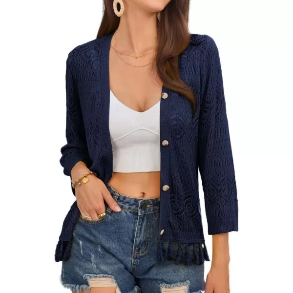 GRACE KARIN Women Fringed Cardigan 2024 Boho Hollowed Out Crochet Knit Shrug 34 Sleeve VNeck Cardigan Top with ButtonNavy Blue