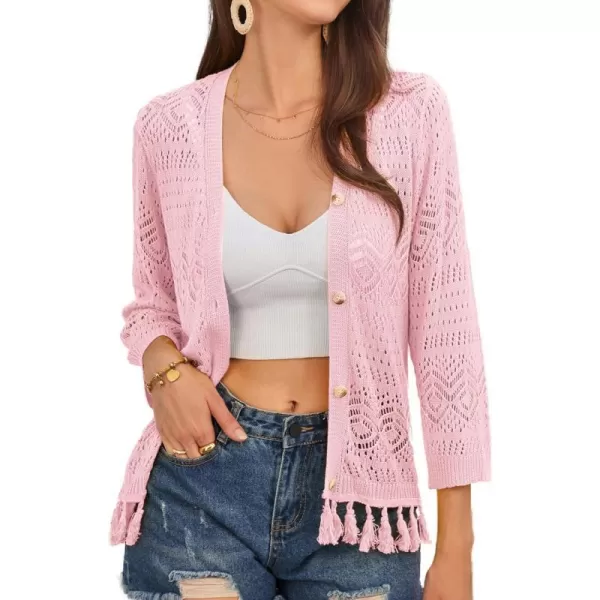 GRACE KARIN Women Fringed Cardigan 2024 Boho Hollowed Out Crochet Knit Shrug 34 Sleeve VNeck Cardigan Top with ButtonPink