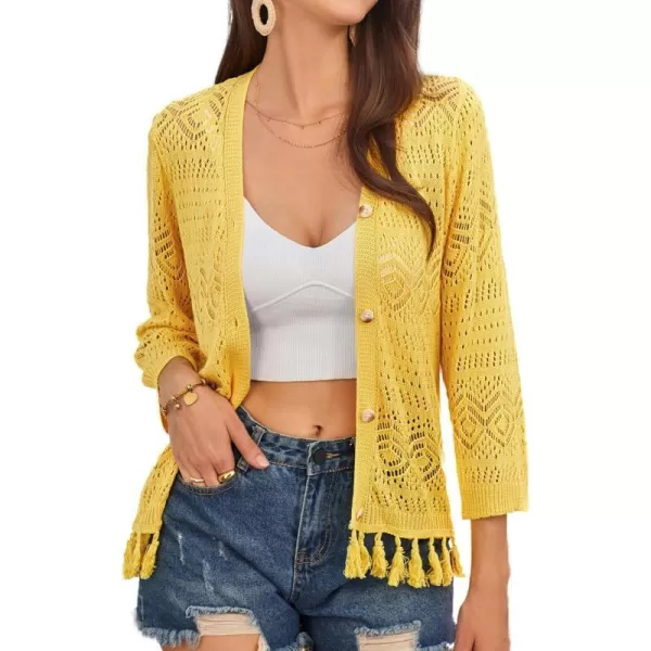 GRACE KARIN Women Fringed Cardigan 2024 Boho Hollowed Out Crochet Knit Shrug 34 Sleeve VNeck Cardigan Top with ButtonYellow