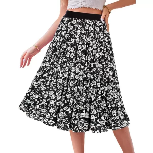 GRACE KARIN Women High Elastic Waist Pleated Chiffon Skirt Midi Swing Aline SkirtsBlackwhite Floral