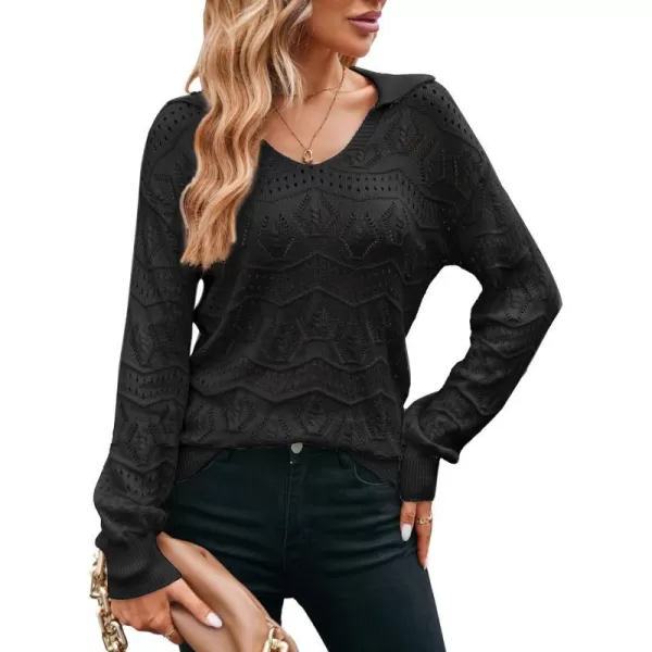 GRACE KARIN Women Hollow Out Sweater Lapel Collar VNeck Long Sleeve Knitwear Casual Pullover Sweater Jumper TopBlack