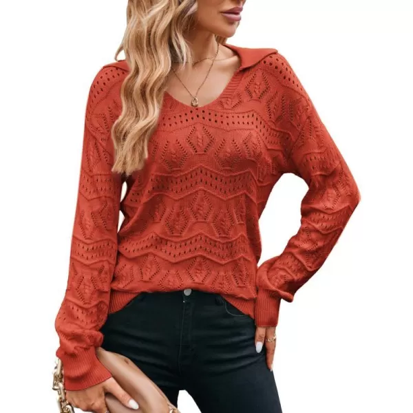 GRACE KARIN Women Hollow Out Sweater Lapel Collar VNeck Long Sleeve Knitwear Casual Pullover Sweater Jumper TopBurnt Orange