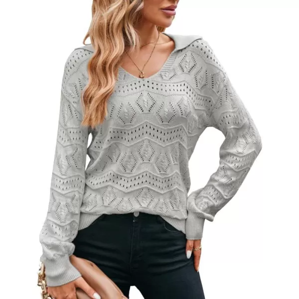 GRACE KARIN Women Hollow Out Sweater Lapel Collar VNeck Long Sleeve Knitwear Casual Pullover Sweater Jumper TopGrey