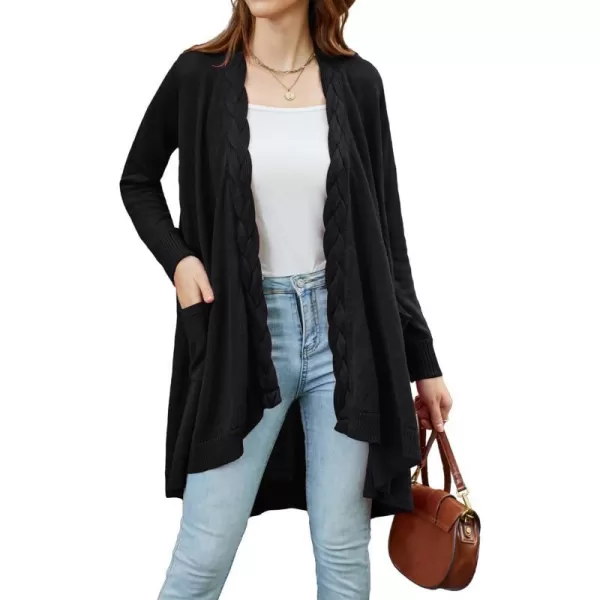 GRACE KARIN Women Long Cardigan Sweater Open Applique Front Cable Knitted Outfit with Patch Pockets Irregular HemBlack