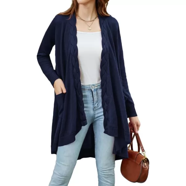 GRACE KARIN Women Long Cardigan Sweater Open Applique Front Cable Knitted Outfit with Patch Pockets Irregular HemDark Blue