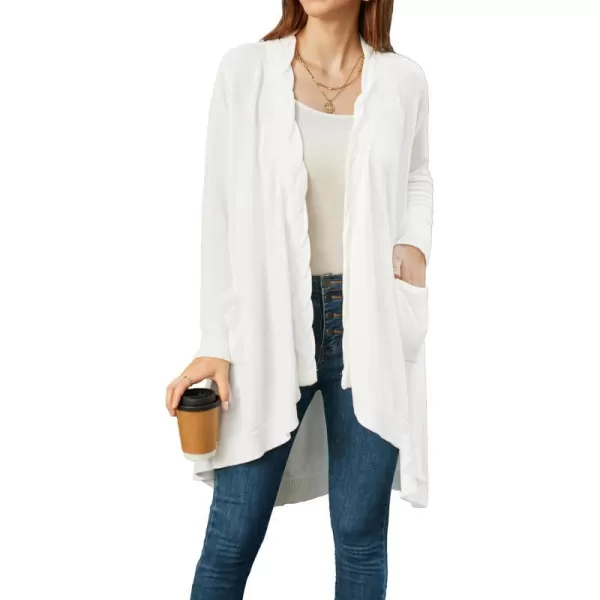 GRACE KARIN Women Long Cardigan Sweater Open Applique Front Cable Knitted Outfit with Patch Pockets Irregular HemWhite