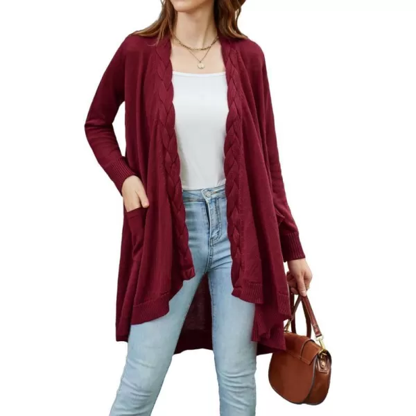 GRACE KARIN Women Long Cardigan Sweater Open Applique Front Cable Knitted Outfit with Patch Pockets Irregular HemWine Red